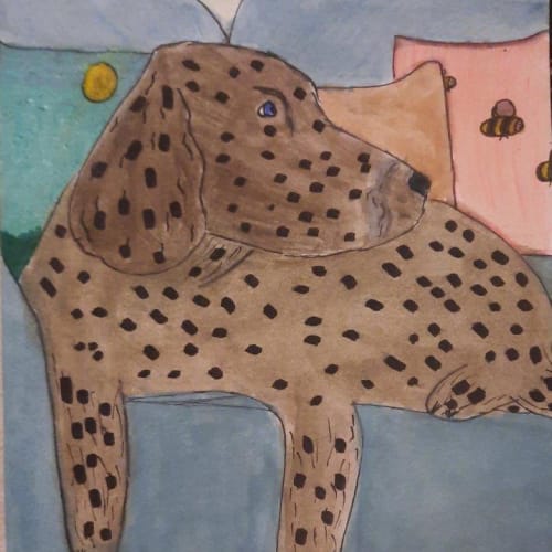A child's painting of a spotted dog sitting on a pastel colour sofa