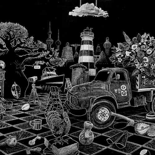 'Contradictions' a large scale lino-cut print by the artist and sculptor Ade Adesina. It's a monochrome work filled with potent imagery representative of the artist's life in Nigeria and his present life in Aberdeen. There is a large truck prominently pos