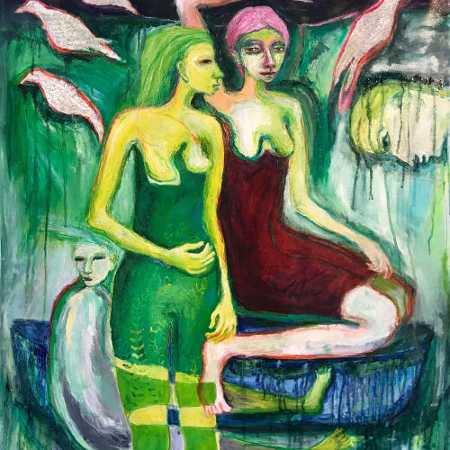 A painting by the contemporary artist Rebecca Swainston. The figures of two women appear to be sitting aboard a boat. A third, doll like figure sits just behind them. To the right, a human head peers at them, the rest of the body not visible. The women ar