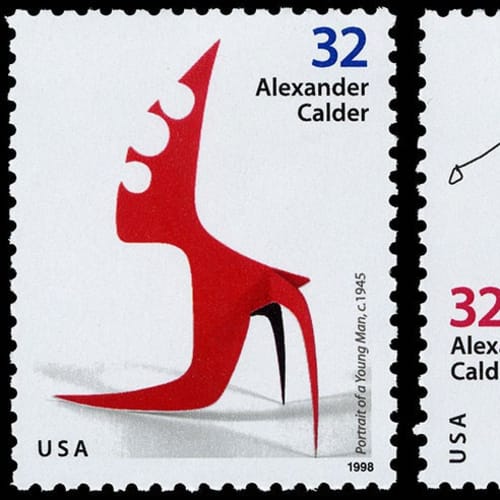 USPS stamps, issued in 1998, including Alexander Calder’s featuring Portrait of a Young Man (1945) and Rearing Stallion (1928).