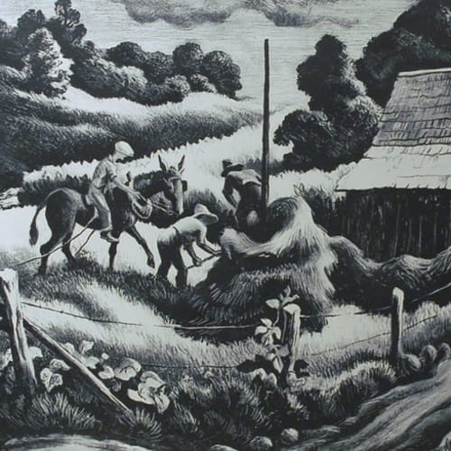 Thomas Hart Benton Haystack, 1938 Lithograph, 10 3/16 x 12 13/16 inches, Edition of 250 Signed: Benton (l.r.), Fath #21 For Sale at Surovek Gallery