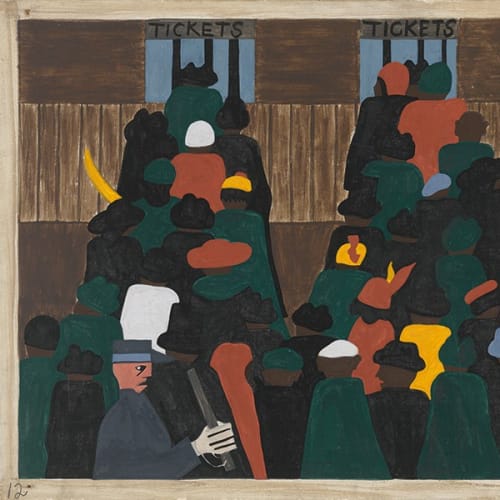 Jacob Lawrence The railroad stations were at times so crowded with people leaving that special guards had to be called to keep order. From the Migration Series, 1941