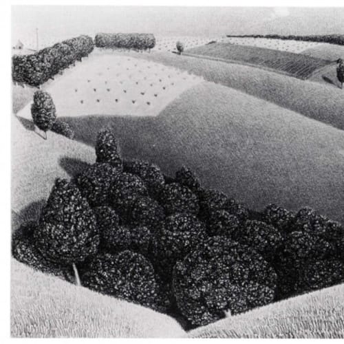 Grant Wood July 15, 1938 Lithograph on wove paper 9 x 11 7/8 inches Edition: 250 Signed in pencil l.r. For sale at Surovek Gallery