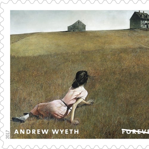 Christina’s World, was one of a series of twelve stamps, picturing work by Andrew Wyeth, released to commemorate what would have been his 100th birthday.