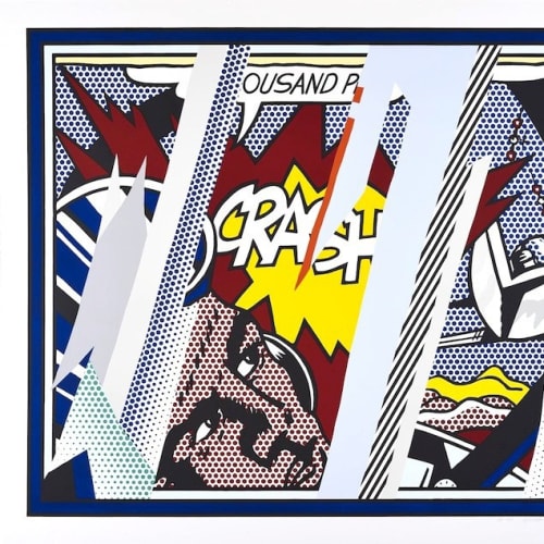 Roy Lichtenstein Reflections on Crash, 1990 Lithograph, screen print and metalized PVC on paper Image: 53 1/16 x 69 inches Sheet: 59 1/8 x 75 inches Signed, numbered, dated: 56/68 R Lichtenstein ‘90 For sale at Surovek Gallery