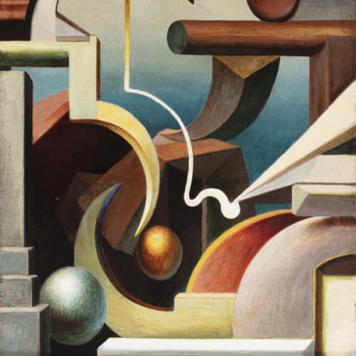 Rhythmic Construction, a 1919 oil on board, is an example of Thomas Hart Benton’s early abstract paintings in which he worked out his ideas of form, composition and aesthetic organization used in his better known figurative works.