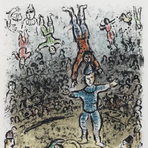 Marc Chagall Acrobats, 1984 Lithograph, Plate 24 x 18.7 inches, Sheet Size 32 x 25 1/2 inches Signed and numbered 24/50 Mourlot 1031 For sale at Surovek Gallery
