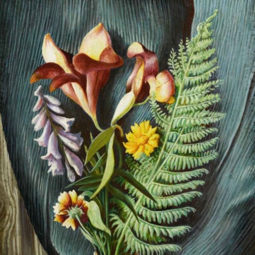 Thomas Hart Benton Still Life with Lilies and Ferns, c. mid-1940s Oil on masonite, 19.38 x 12 inches, Signed: Benton (l.l.) For sale at Surovek Gallery