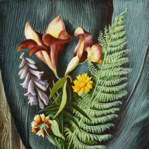Thomas Hart Benton Still Life with Lillies and Ferns Oil on Masonite 19.38 x 12 inches Signed: Benton (lower left) For sale at Surovek Gallery