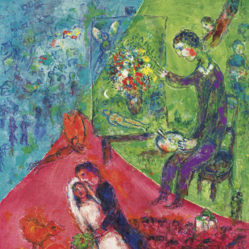 Marc Chagall Acrobats, 1984 Lithograph Plate 24 x 18.7 inches Sheet Size 32 x 25 1/2 inches Signed and numbered 24/50 Mourlot 1031 For sale at Surovek Gallery