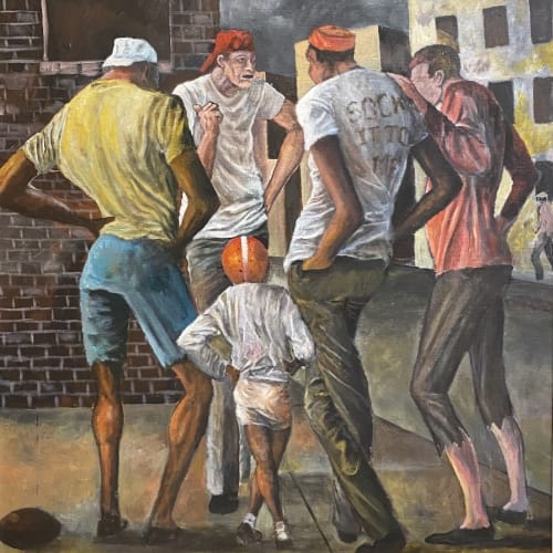 Ernie Barnes Setting the Game Rules, c. 1975 Acrylic on canvas 40 x 30 inches Available at Surovek Gallery