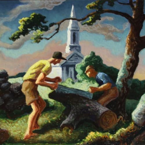 Thomas Hart Benton Woodcutters at Chilmark, 1948 Oil on masonite, 8 1/2 x 11 7/8 inches, Signed and dated: Benton 48 (l.r.) For sale at Surovek Gallery