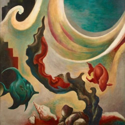 Sea Phantasy Part I is a panel from Thomas Hart Benton’s first mural commission, executed in 1925-1926 for sportsman Albert Briggs.
