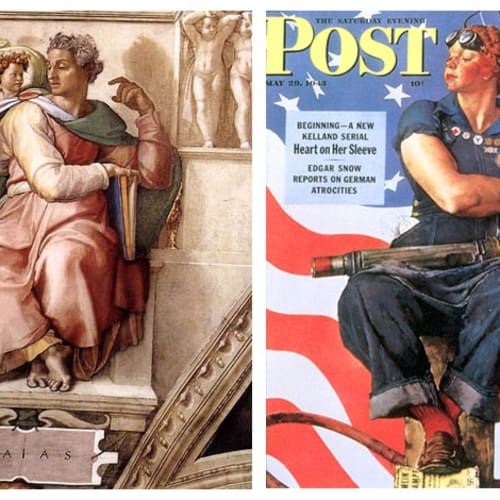Michelangelo, Prophet Isaiah, 1509 (Left). Norman Rockwell, Rosie the Riveter, 1943 (Right).