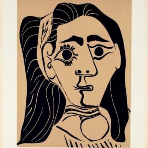 Pablos Picasso Femme Aux Cheveux Flous, 1962 Linoleum cut, 35 x 27 cm, Edition; 29/50 Signed: Picasso in pencil (l.r.) For sale at Surovek Gallery © 2022 Estate of Pablo Picasso / Artists Rights Society (ARS), New York