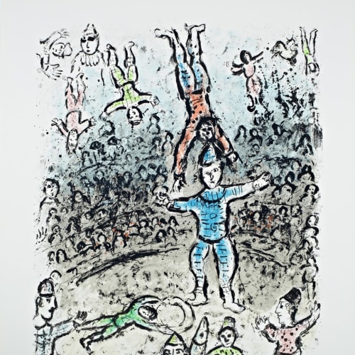 Marc Chagall Acrobats, 1984 Lithograph Plate 24 x 18.7 inches Sheet Size 32 x 25 1/2 inches Signed and numbered 24/50 Mourlot 1031 For Sale at Surovek Gallery