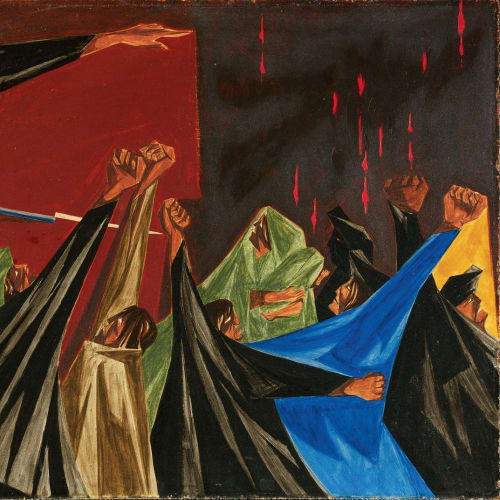 Jacob Lawrence “ … is life so dear or peace so sweet as to be purchased at the price of chains and slavery? —Patrick Henry, 1775,” Panel 1, 1955 from Struggle: From the History of the American People, 1954–56