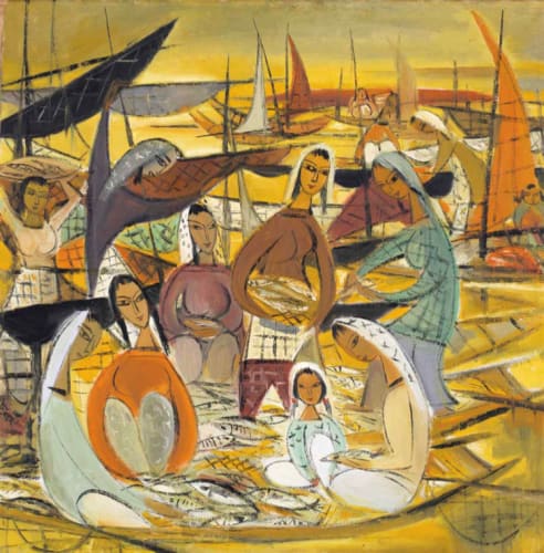 Lin Fengmian 林風眠 Fishing Village, circa. 1950s - 1960s Oil on Canvas 油畫畫布 78 x 80 cm