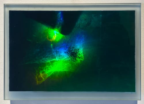 Michael Crawford Themes and Variations ii Glass, dichromate gelatin, single-color light, light bulb 7 x 10 x 1/2 in 17.8 x 25.4 x 1.3 cm