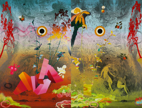 Neil Haddon We bring our own fruit, 2017 oil, enamel and digital print on aluminium panel 180 x 240 cm diptych