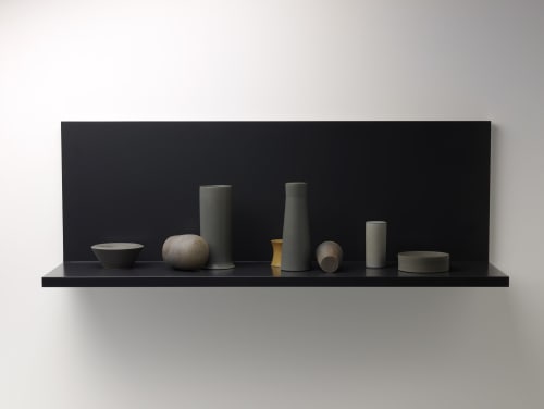 Kelly Austin Stilled composition 43, 2018 stoneware, glaze, wood and acrylic paint 38d x 145w x 48h cm