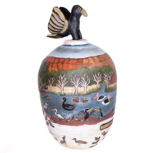 Beth Inkamala Mbitjana Erritja (wedge -tailed eagle) and kwatja-rinya (water birds) terracotta and underglazes 41 x 20 x 20 cm