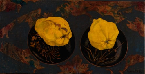 VICTORIA CROWE Quince and Fortuny Fabric oil on board 10 1/4 x 20 in 26 x 50.8 cm