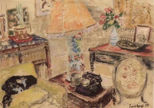 PAUL MAZE Sitting Room, Mill Cottage with sleeping Spaniel, 1958 pastel on paper 21 7/8 x 30 1/4 in 55.6 x 76.8 cm