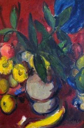 SIR MATTHEW SMITH Flowers in a jug with fruit, 1952 oil on canvas 29 1/2 x 19 1/2 in 74.9 x 49.5 cm