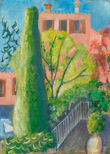 SOPHIE DE STEMPEL The Pink House, La Colombe d'Or gouache on linen board 17 1/2 x 14 1/2 in 44.4 x 36.8 cm