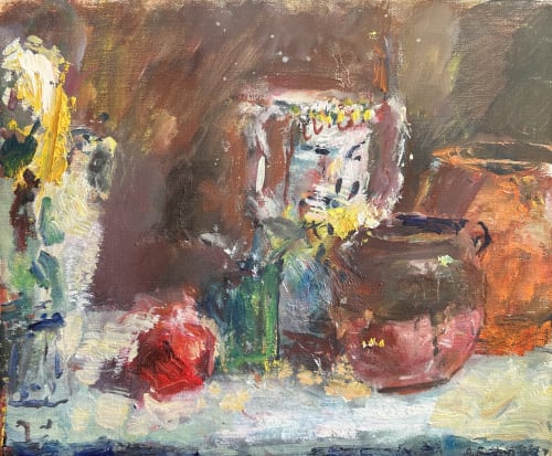 ANTHONY EYTON Apple with Vase and Pots oil on canvas 15 1/2 x 18 in. / 39.4 x 45.7 cm.