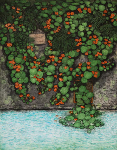 Serena Perrone At the Watering Trough: (Nasturtium), 2023 four color intaglio 20 x 16 inches (image); 30 x 22 inches (paper) Edition of 10 plus 6 artist's proofs