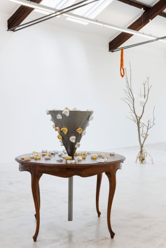 Reverie Apparato digerente, 2023 Wood, aluminum, plaster casts Table: 120 x 79 cm | 47 x 31 cm Funnel: 56 x 140 cm | 22 x 55 in