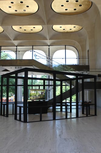 The Glass House, 2010-13 Wooden scale replica of Philip Johnson's Glass House with video animations shown on screens inside Variable Edition of 6 + 2 AP