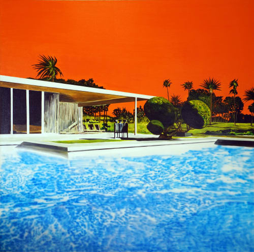 Neutra Pool with Orange Sky, 2020 Acrylic on canvas 200 x 200 cm
