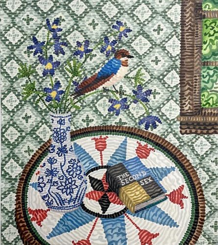 Howard Fonda Untitled (barn swallow, dwarf larkspur, bottle shaped Qing Dynasty vase, hex sign, first edition of The Second Sex, Stickley table, Thomas Strahan Domino wallpaper), 2023. Oil on paper 34 x 30 in 86.4 x 76.2 cm