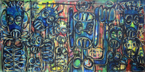 Aboudia Nouchi Graffiti: Les Coquins et Leur Chien, 2021 Acrylic, spray paint, collage, and oil pastel on denim 59 x 118 in 149.9 x 299.7 cm