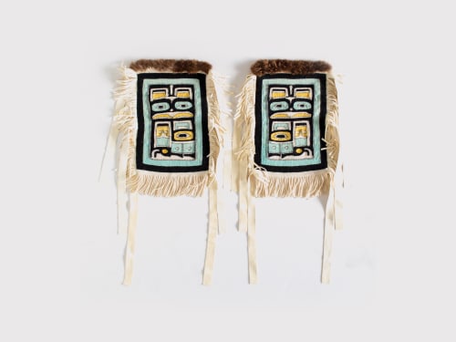 Sherri Dick Chilkat Leggings, 2022 Hand dyed wool, otter fur, leather 13 x 9 inches 33 x 22.9 cm