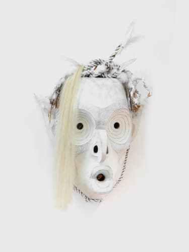 Alan Hunt Pookmis, 2019 Red cedar, acrylic, horsehair, graphite, feathers, netting needle 24 x 23 x 13 inches (w/out cedar bark and feathers) 61 x 58.4 x 33 cm
