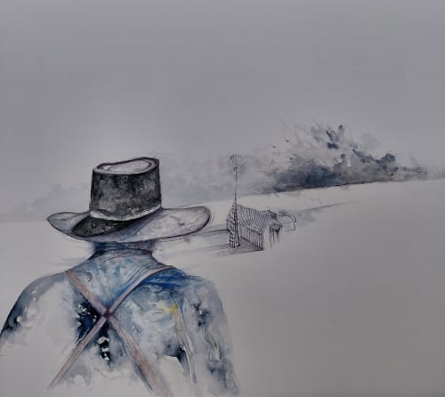 Dewi Tudur, Evan Price looking down on Cwm Hyfryd with Dust Storm in the distance, Patagonia, 2025