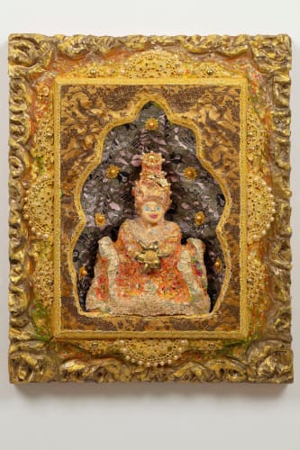 Tapani Kokko Fioretta (Kukka), 2026 Wood, pearls, glitter, fabric, marker, paint 57h x 46w x 9d cm 22 1/2h x 18 1/8w x 3 1/2d in