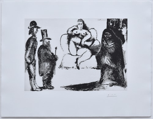 Pablo Picasso, Célestine, maja ou Olympia nue, avec Manet et Marcellin Desboutin; couple de spectateurs au deuxiìeme plan, 1968