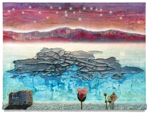 Tears of Paradise, 2020 Financial newspaper, archival inkjet, acrylic and sand on linen 150 x 200 x 5 cm 59 1/2 x 78 1/2 x 2 in