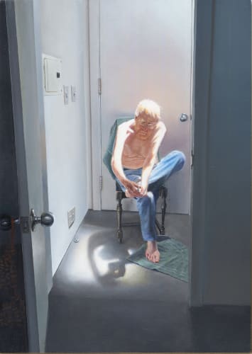 Tim Hawkinson Dad Cutting his Toenails, 2021 oil on panel 10 1/2 x 7 1/2 in 26.7 x 19.1 cm