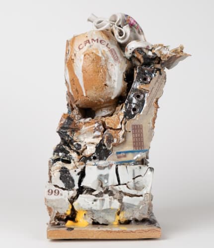 Kahlil Robert Irving Tilted Mass: Crushed Floral vessel (circa: some century) Enjoy Heaven, 2018 glazed and unglazed stoneware and porcelain, opal luster, gold luster, silver luster, blue luster, found decals, personally constructed decals 13 1/2 x 8 x 8 in (34.3 x 20.3 x 20.3 cm)