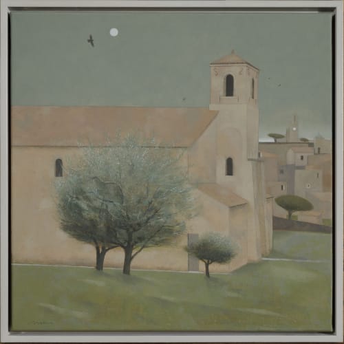 Tom Mabon Church and Moon, Lourmarin. Provence, 2020 Signed 'Mabon' oil on linen 18 x 18ins (45 x 45cm) (artwork size) 19.29 x 19.29ins (49 x 49cm) (framed size)