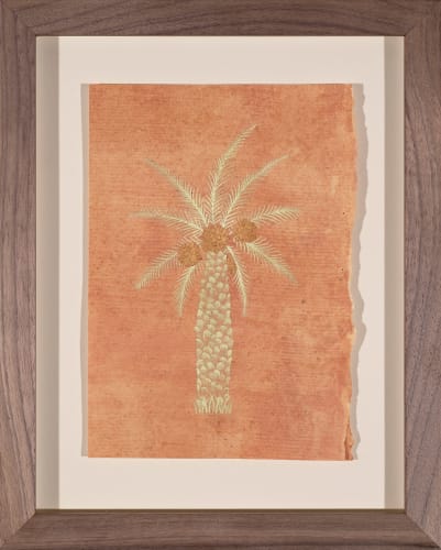 Ayesha Gamiet Study for 'Valley of love' : Date Tree, 2021 Shell gold on Indian hemp paper stained with avocado skin. 8.07 x 6.1 ins (20.5 x 15.5 cm) (artwork size) 12.2 x 9.84ins (31 x 25cm) (framed size)