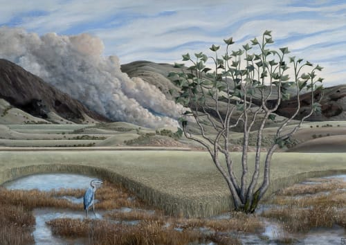 Samuel Kirk Fire in the Hills , 2022 Signed with monogram, lower right Oil on canvas 16.14 x 22.64ins (41 x 57.5cm) (artwork size) 23.23 x 29.92ins (59 x 76cm) (framed size)