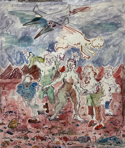 William Ludwig Lutgens We are all trapped in a world of monopolies, 2023 Watercolour, graphite and oil paint on rice paper mounted on wood 55 x 46 cm 21 5/8 x 18 1/8 in