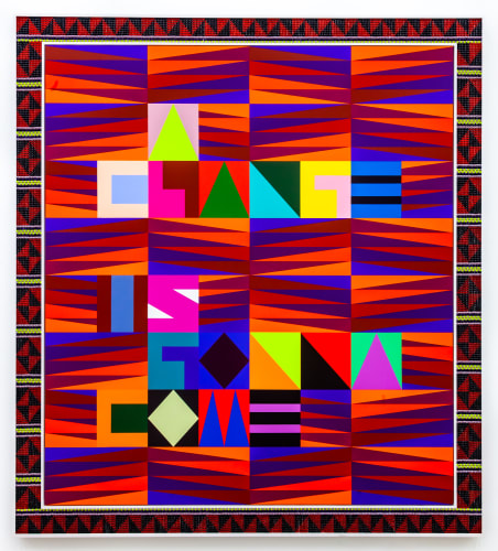 Jeffrey Gibson A CHANGE IS GONNA COME, 2019 Acrylic on canvas, glass beads and artificial sinew inset into custom wood frame 82 x 74 in 208.3 x 188 cm